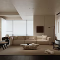 Minimalist Living Room Interior With Beige Sofa Black Chair And Floor To Ceiling Windows