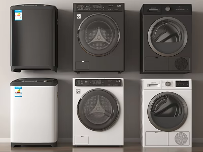 Modern Household Washing Machines in Various Black and White Styles Displayed 3d model