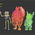 Vibrant Game Movie Characters Featuring Green Frog Waving Chubby Purple Coat And Blue Horned Figure