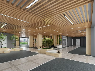 Modern Public Area Interior With Wooden Ceiling Green Plants And Tile Flooring 3d model