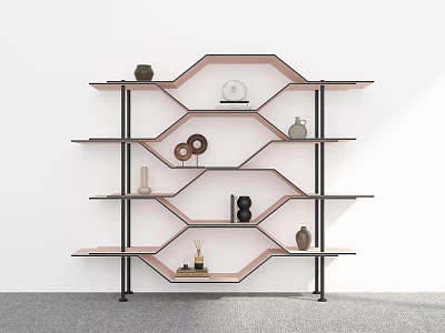 Modern Geometric Shelving Unit With Black Metal Frame And Decorative Items On Shelves 3d model
