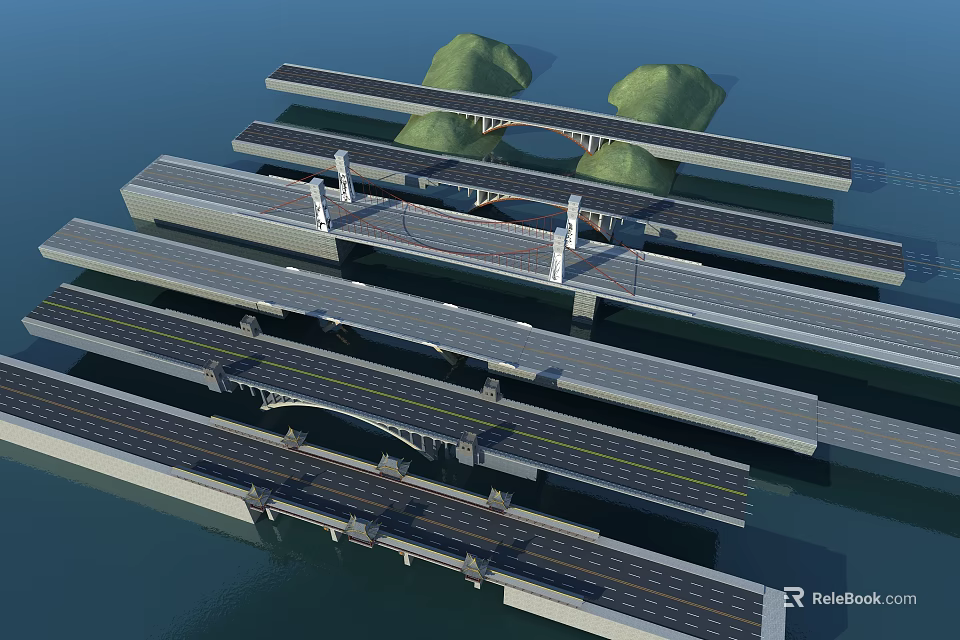 Multiple Bridges With Various Designs Roadways And Green Vegetation Over Water Surface 3d model 