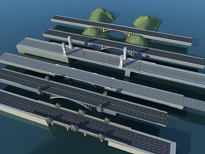 Multiple Bridges With Various Designs Roadways And Green Vegetation Over Water Surface 3d model