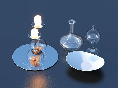 Decorative Household Items Including Candle Holder With Candle Glass Vase Wine Glass And White Plate 3d model