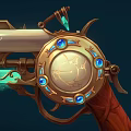 Ornate Steampunk Fantasy Weapon Pistol Featuring Blue Gemstones Wooden Grip And Glowing Blade