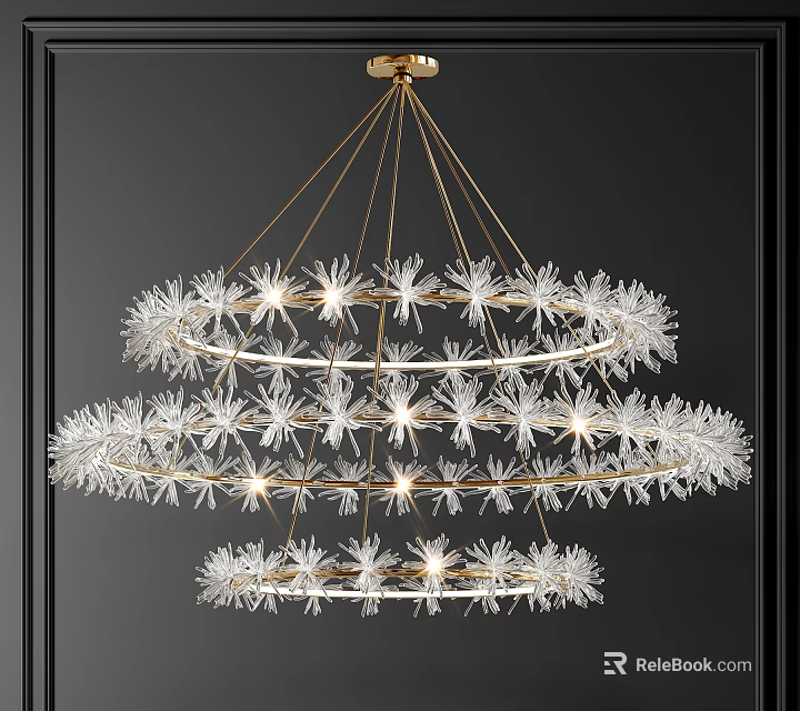 Elegant Three Tiered Crystal Chandelier With Snowflake Shaped Crystals And Gold Frame 3d model 