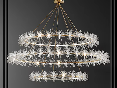 Elegant Three Tiered Crystal Chandelier With Snowflake Shaped Crystals And Gold Frame 3d model