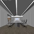 Modern Conference Room With Long Table White Rolling Chairs Large Earth Screen And Ceiling Lights