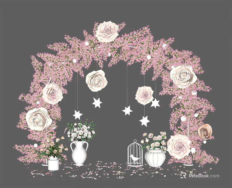 Floral Installation with Pink Floral Arch White Roses Star Decorations Birdcage and Scattered Petals 3d model 