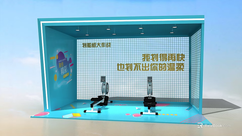 Blue Exhibition Area With Smart Companion Mechanical Devices And Grid Background 3d model 
