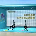 Blue Exhibition Area With Smart Companion Mechanical Devices And Grid Background