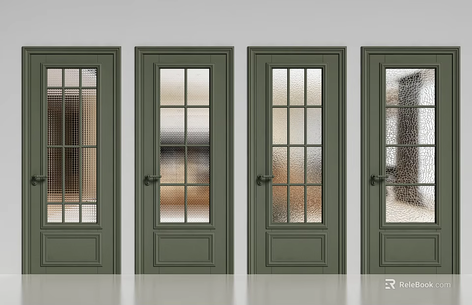 Four Green Hinged Doors With Glass Panes For Home Interior Design 3d model 