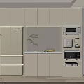 Modern White Storage Cabinet Shelves in Kitchen Interior With Microwave Blender Fruits And Potted Plant