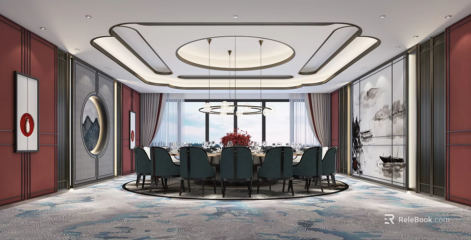 Chinese Style Private Dining Room Interior With Round Table Pendant Lights And Decorative Paintings 3d model 