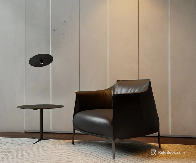 Modern Black Leather Single Sofa With Round Side Table And Pendant Light 3d model