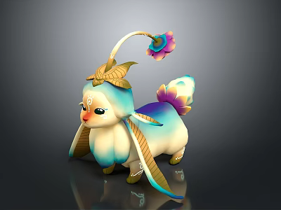 Cute 3D Fantasy Creature Design with Blue White Body Decorative Head Flower and Colorful Tail 3d model
