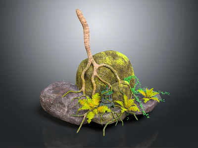 Natural Wooden Stone Decorative Piece With Green Plants And Yellow Leaves 3d model