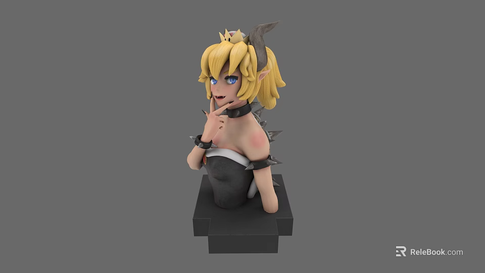 Game Character 3D Model With Blonde Hair Crown And Spiked Accessories On Pedestal 3d model 