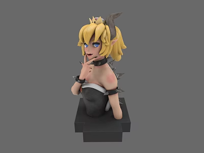 Game Character 3D Model With Blonde Hair Crown And Spiked Accessories On Pedestal 3d model