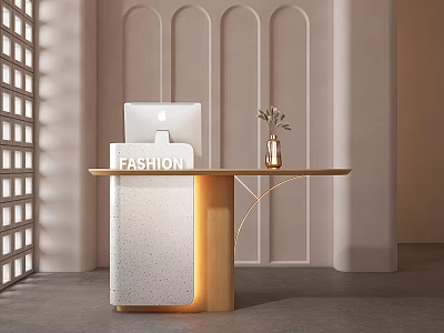 Fashion Reception Desk With White Speckled Top Golden Frame Laptop Flower Vase And Arched Walls 3d model