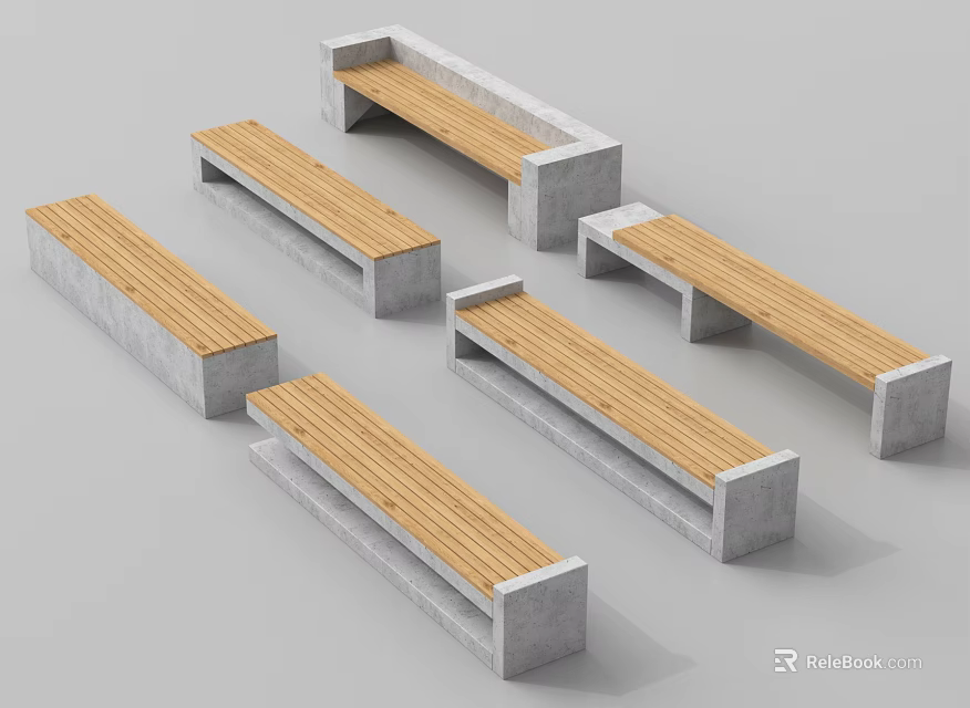 Set Of Outdoor Chairs With Wooden Seats And Concrete Bases For Garden Patio Use 3d model 