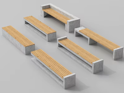 Set Of Outdoor Chairs With Wooden Seats And Concrete Bases For Garden Patio Use 3d model