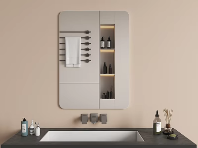 Modern Bathroom Interior Design With Wall Mounted Faucet White Sink And Storage Mirror 3d model