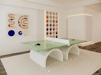 Ping Pong Table With Green Surface Arched Base And Geometric Wall Decor 3d model