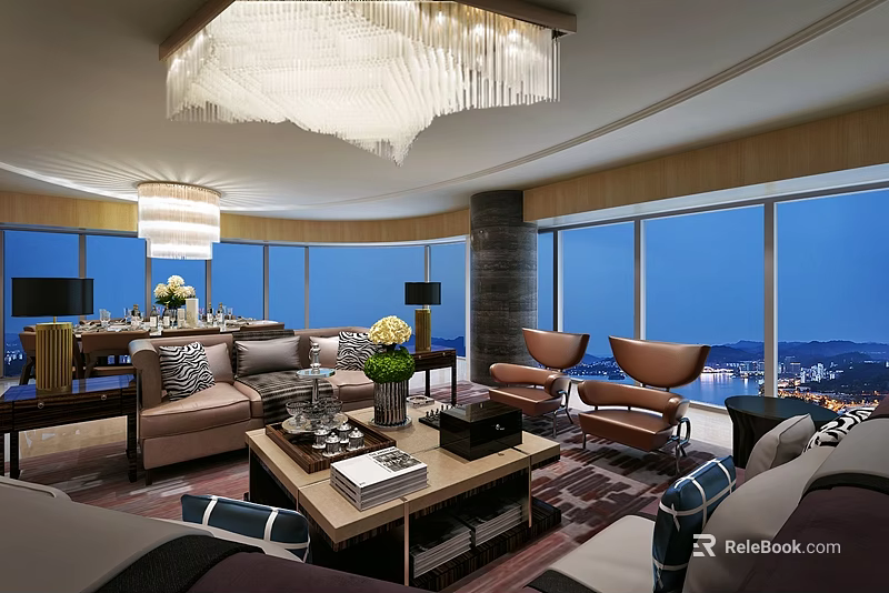 Luxury Modern Living Room With Chic Furniture Crystal Chandelier And Panoramic Night City View 3d model 