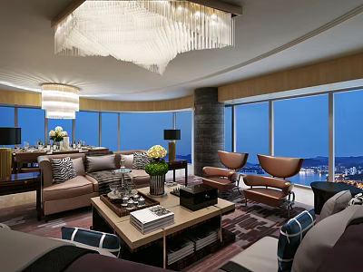 Luxury Modern Living Room With Chic Furniture Crystal Chandelier And Panoramic Night City View 3d model