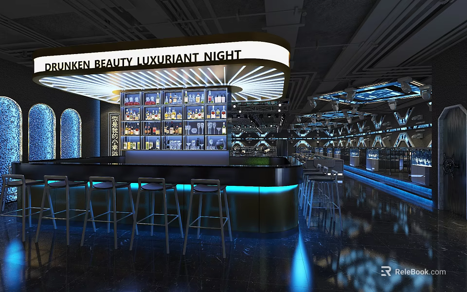 Luxurious Bar Interior With Liquor Display Bar Counter Bar Stools And Modern Lighting 3d model 