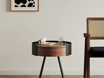 Stylish Round Wooden Console Table with Black Frame and Decorative Items Next to Rattan Chair 3d model