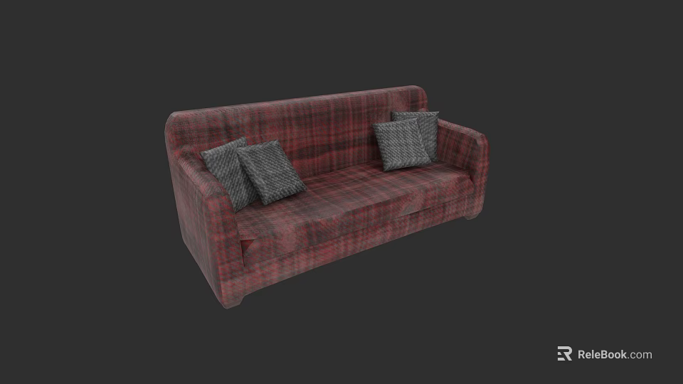 Stylish Plaid Sofa Set with Red Pattern and Gray Decorative Cushions 3d model 