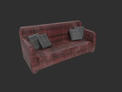 Stylish Plaid Sofa Set with Red Pattern and Gray Decorative Cushions 3d model