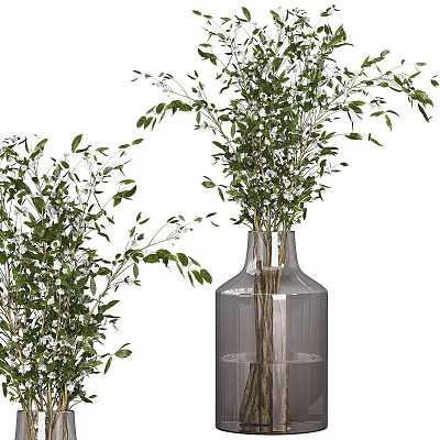 Tall Clear Glass Vase With Fresh Green Branches And White Small Flowers For Home Decor 3d model