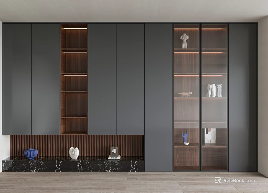 Modern Bookcase Design With Gray Cabinetry Wooden Shelves Glass Doors Decorative Items And Books 3d model 