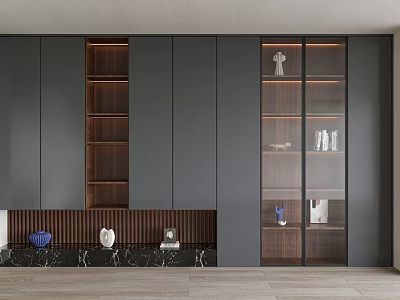 Modern Bookcase Design With Gray Cabinetry Wooden Shelves Glass Doors Decorative Items And Books 3d model