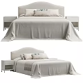 Modern Minimalist Double Bed Interior With Upholstered Headboard Light Linen Bedspread And Nightstand