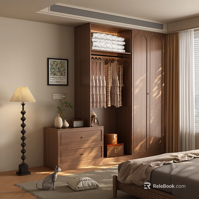 Contemporary Wooden Wardrobe with Hanging Garments Stacked Towels and Natural Light in Minimalist Bedroom 3d model 