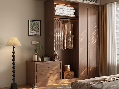 Contemporary Wooden Wardrobe with Hanging Garments Stacked Towels and Natural Light in Minimalist Bedroom 3d model