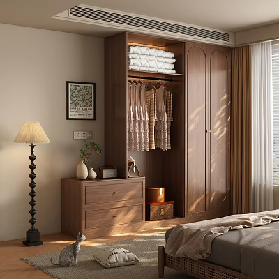 Contemporary Wooden Wardrobe with Hanging Garments Stacked Towels and Natural Light in Minimalist Bedroom 3d model
