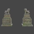 Ancient Traditional Stone Lion Statues With Intricate Carved Details On Pedestals