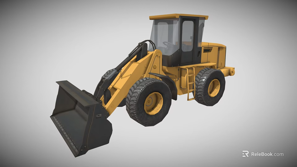 Yellow Heavy Duty Loader With Large Front Bucket And Black Tires Cab 3d model 