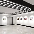 Modern Library Interior With Blue Bookshelves Curved Ceiling Light Strips And White Floor