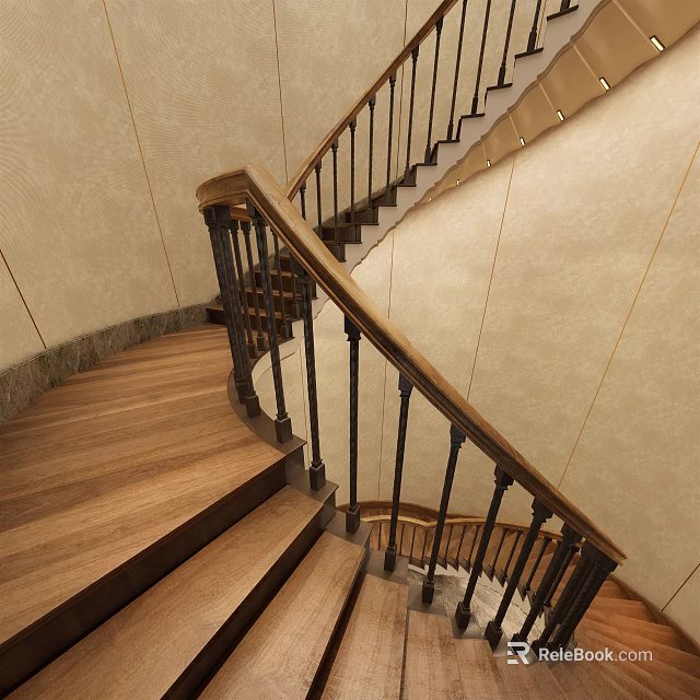 Elegant Spiral Staircase With Wooden Steps And Black Railings On Light Colored Walls 3d model 