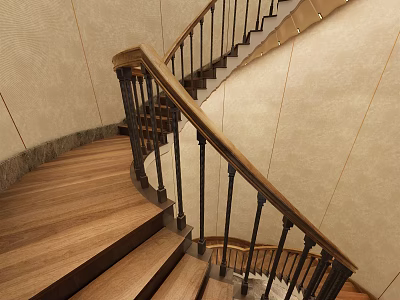 Elegant Spiral Staircase With Wooden Steps And Black Railings On Light Colored Walls 3d model