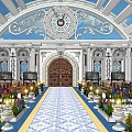 School Hall Interior With Ornate Decor Red Seats And Green Plants