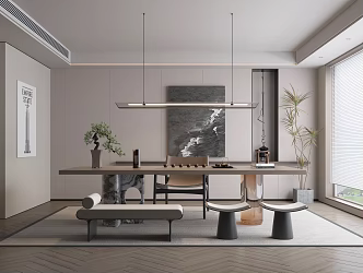 Modern Style Tea Room Tea Table and Chair Combination Ceiling Carpet Tea Cabinet Green Plant Hanging Painting Ornaments Circle Chair 3d model