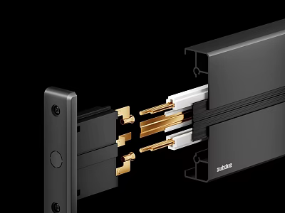 Black Metal Sliding Rail Component With Golden Pins And White Connectors 3d model