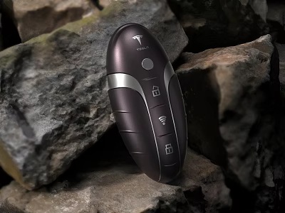 Tesla Premium Car Key With Sleek Design And Buttons On Rocky Surface 3d model